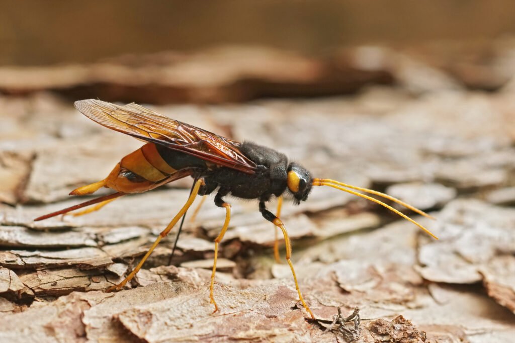 Closeup on the colourful giant horntail wood wasp, Urocerus gigas sitting on a piece of wood