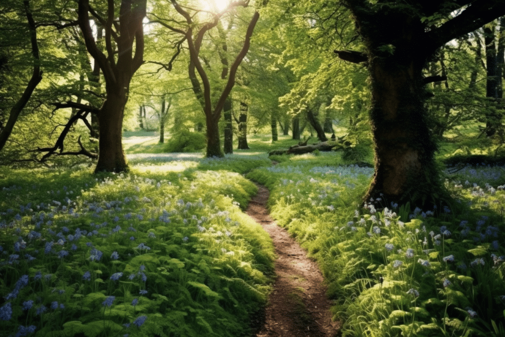 winding path through a lush, green forest