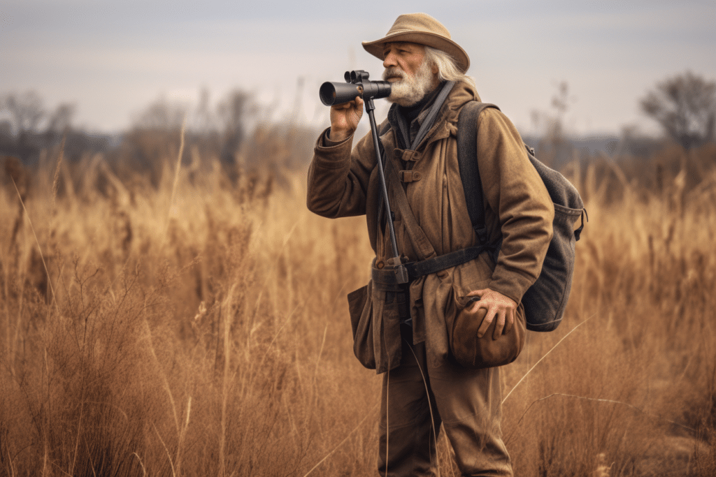 Watching a bird from a safe distance, with binoculars in hand and a field guide nearby