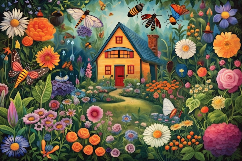 An image of a garden with a variety of colourful flowers and plants