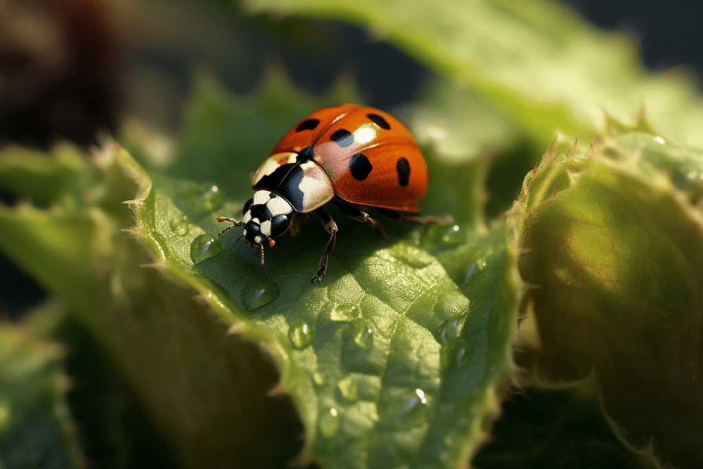 Ladybug on a wet leaf